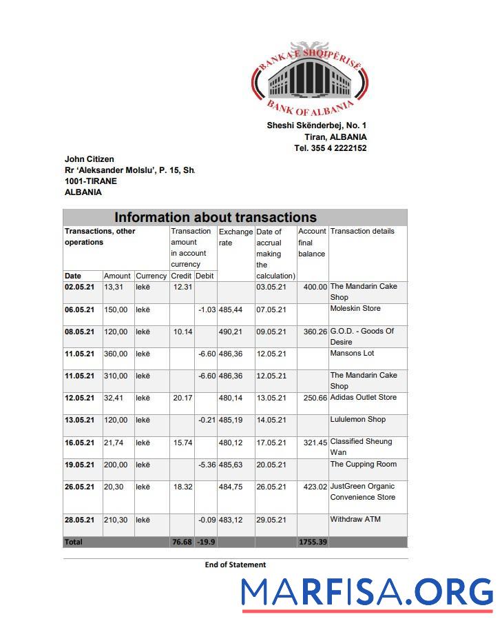 Blank Albania Bank of Albania bank statement excel template